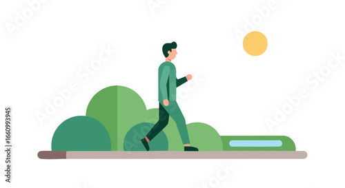 Illustrated flat design of a man walking in a park on a sunny day, conveying tranquility and outdoor activities promoting well being and relaxation