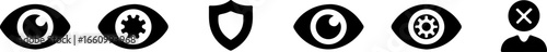 A collection of six black and white icons representing vision, protection, and settings in a row