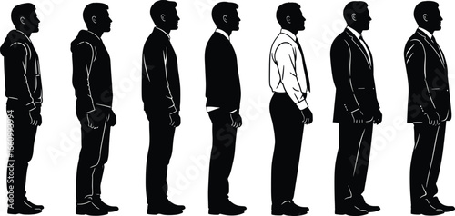 Standing people silhouette vector set showing side profiles in casual to formal outfits for fashion, lifestyle, and design reference themes
