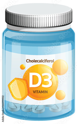Vitamin D3 Supplement Bottle Vector Illustration