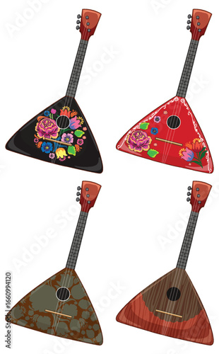 Set of Decorative Russian Balalaikas with Floral Patterns