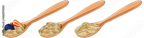Wooden Spoons with Oatmeal and Fruit Toppings