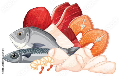 Assorted Raw Meat and Seafood Vector Illustration