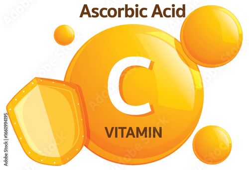 Vitamin C Ascorbic Acid Icon with Shield Illustration
