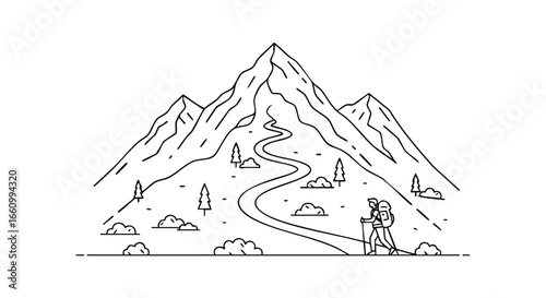 Minimalist mountain range illustration featuring a hiker on a winding trail toward the summit, a scenic outdoor adventure illustration