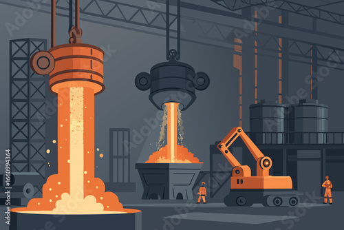 Futuristic robotic foundry with glowing molten metal.