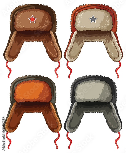 Set of Four Vector Ushanka Winter Hats Illustration