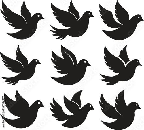 Nine Black Silhouette Pigeons in Flight Against a White Background