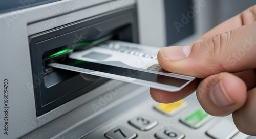 A person inserting a credit card into an ATM machine for a transaction.