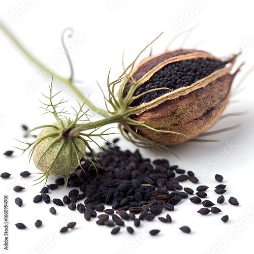 Dried nigella seeds, known as kalonji, have a slightly bitter, peppery flavor, used in breads, curries,