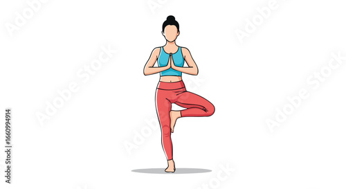 Serene depiction of woman practicing tree pose yoga for inner balance and strength with focus on holistic wellbeing, showcasing balance and