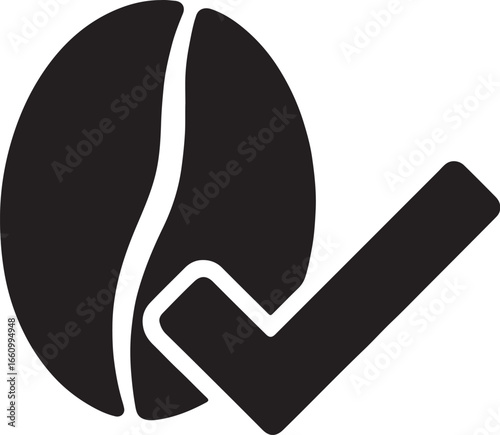 Coffee bean with check mark silhouette, symbolizing freshness, quality assurance, cafe branding, labels, and packaging.