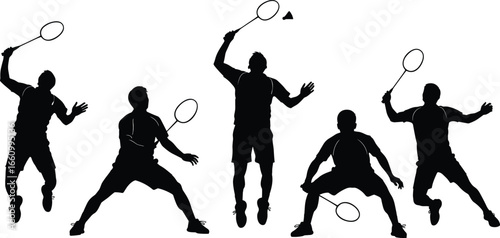 Badminton player silhouettes, male athlete action poses, racket swing and jump, black vector set, sports clipart, isolated fitness figures, competitive play