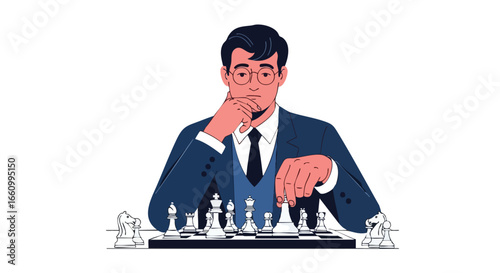 Man in Suit Contemplating Chess Move Depicting Strategic Thinking and Mental Acuity in Intellectual Game Contextualized with Professional Attire and
