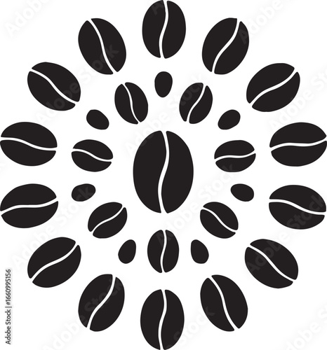 Coffee bean mandala silhouette pattern, ideal for cafe branding, packaging, labels, and decorative design.
