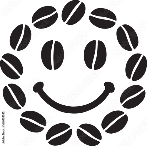 Coffee bean smile face silhouette pattern, perfect for cafe branding, packaging, labels, and fun decorative design.