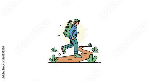 Cartoon Hiker Jogging on Trail with Backpack: Outdoor Adventure and Healthy Lifestyle Depiction
