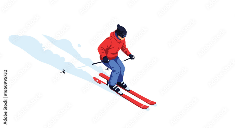 Fototapeta premium Stylized depiction of a lone skier descending a snow-covered slope with precision and control against a white backdrop