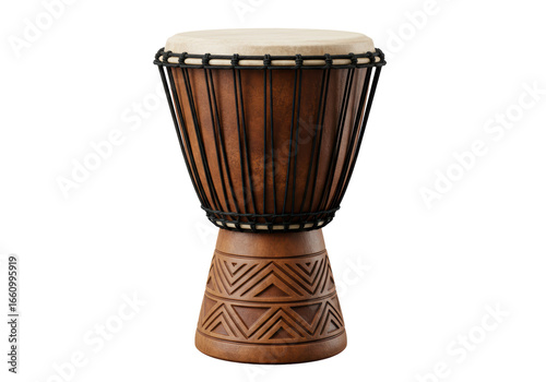 Isolated Hand-Carved Wooden African Djembe Drum with Natural Skin Head