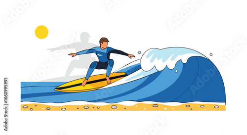 Cartoon illustration depicting a surfer skillfully riding a large blue ocean wave near the shore under a bright sunbeam