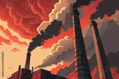 Giant smokestacks releasing abstract geometric smoke.