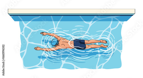A swimmer in motion, practicing a freestyle stroke within a bright blue swimming pool aerial view vector illustration, capturing the essence of