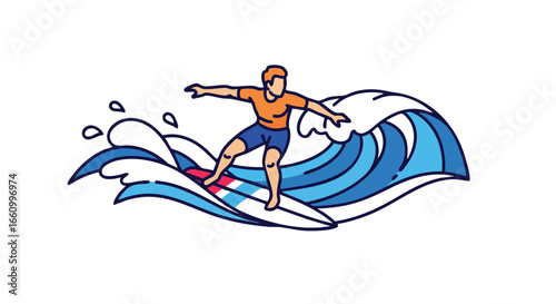 A cartoon surfer catches a wave showcasing adventure sports and ocean thrill lifestyle