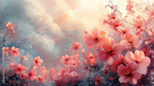 A vibrant, watercolor-inspired scene bursting with delicate floral blooms against a backdrop of soft, pastel hues. AI-generated for a whimsical, artistic effect 