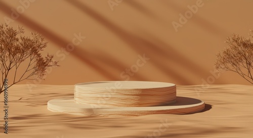 A beige product display podium with trees and sunlight casting shadows on the background wall area