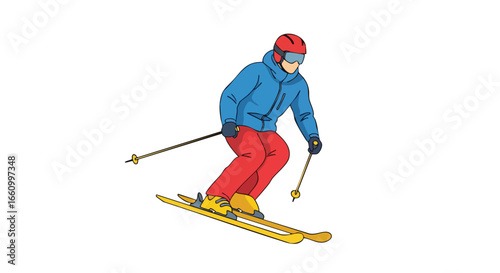 Energetic downhill skiing vector illustration captures winter sport action and recreation, showcasing a dynamic isolated figure on a white
