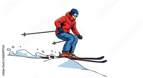Vibrant illustration showcasing a skier gliding down a snowy slope with dynamic movement and crisp lines enhancing the action effect