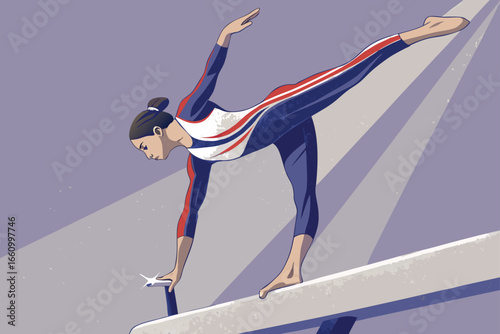 Skilled gymnast executes flawless routine on balance beam at Olympics.