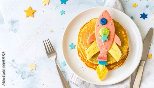 Colorful pancake rocket breakfast