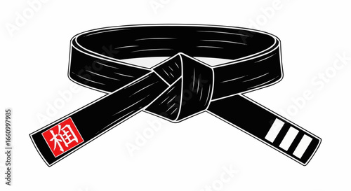 Martial Arts Black Belt with Japanese Kanji and Stripes
