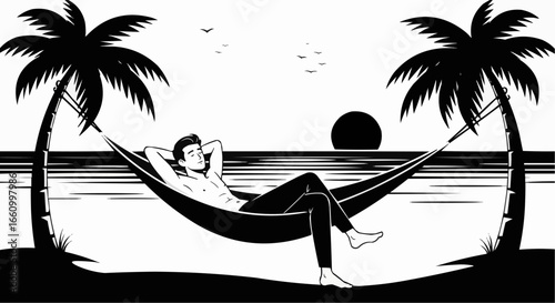 Man Relaxing in Hammock at Tropical Sunset