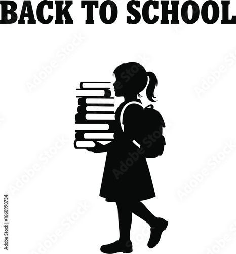 Little girl carrying books and backpack is ready for back to school