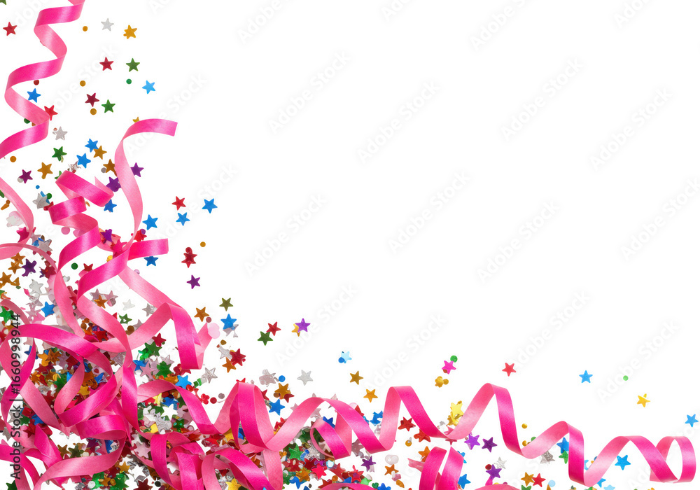 Fototapeta premium Colorful party streamers and star confetti isolated on transparent background, perfect for celebrations and festive events