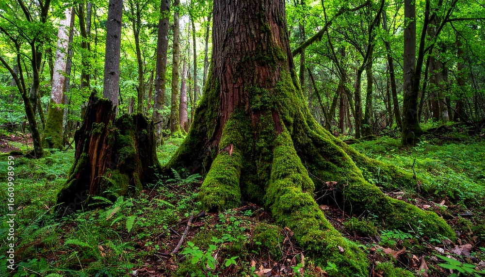 Fototapeta premium Mystical woodland scene featuring a moss-covered tree and vibrant foliage in a lush forest