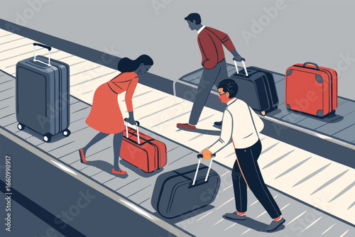 Bustling airport baggage claim area, passengers eagerly retrieve luggage.