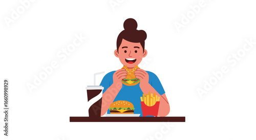 Enthusiastic young person enjoys a delectable fast food meal including burger, fries and a refreshing beverage while smiling contentedly