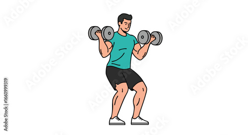 Illustration depicting a man performing bicep curls with dumbbells, highlighting fitness and exercise routine for strength training and muscular