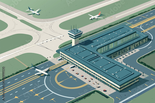 High-angle aerial view of bustling airport terminal, expansive runways, aircraft, vehicles, and infrastructure, showcasing modern transport hub.