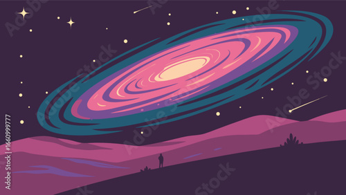 Explore the cosmos: stunning galaxy illustration with stars, nebula, and dreamy landscape design view art