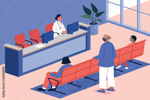 Hospital reception area with staff at front desk.