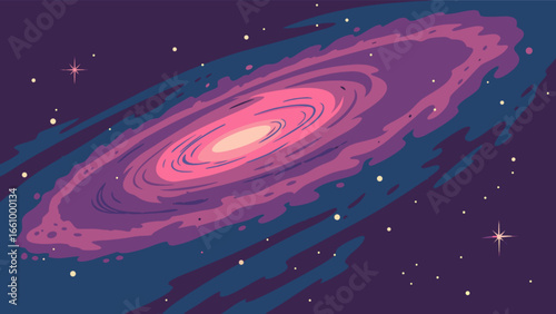 Cartoon galaxy spiral illustration with stars and cosmic dust for space exploration and astronomy themes design