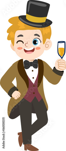 Cartoon Cheerful Young Boy with Top Hat Toasting Drink Illustration