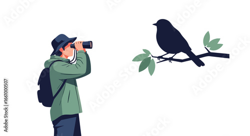 Exploring the wilderness, a solitary birdwatcher with binoculars observing nature, observing wildlife in its natural habitat on a bright day outdoors