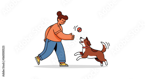 Joyful playtime scene: A woman enthusiastically throws a ball for her energetic dog, creating a moment of fun and companionship in a simple and