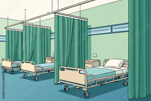 Hospital ward with beds and medical curtains.