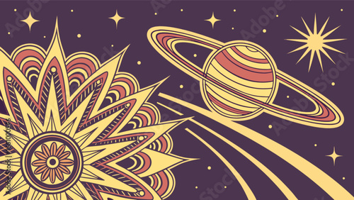 Celestial sun and saturn illustration with stars in a cosmic space background design art vector